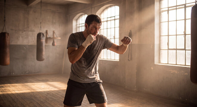 A focused male boxer practicing martial arts and punching shadow in an industrial loft gym with light.
