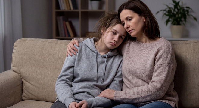 A supportive mother sitting on a couch and gently comforting her sad and emotional teenage daughter.
