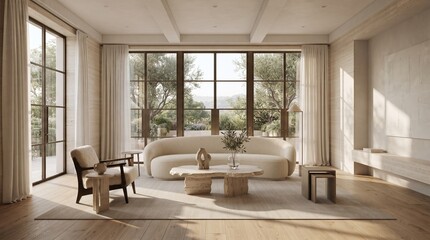 Fototapeta premium Modern living room interior with large windows. Minimalist home design with beige furniture.