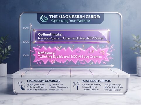 Magnesium guide infographic for wellness, supplement chart for sleep and health, nutritional data visualization for magnesium glycinate and citrate