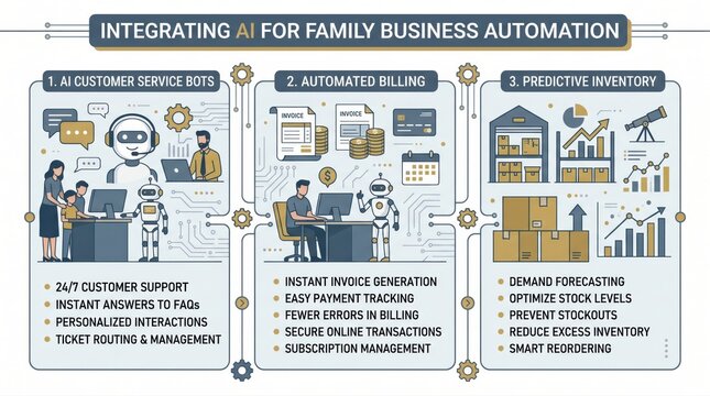 Family business automation infographic, integrating AI for customer service bots, automated billing and predictive inventory management