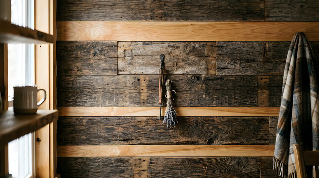 Cozy wooden sauna room interior with dark stone walls and warm light shining through a small window