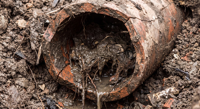 A broken dirty old clay drainage pipe lies cracked and filled with debris in the mud and dirt outdoors on a construction site.