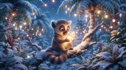 Fototapeta premium Cute lemur sitting on a snow covered tropical tree branch holding a glowing crystal ornament during winter