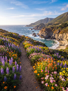 A scenic coastal hiking path winds through vibrant blooming wildflowers along a dramatic rocky ocean cliff at sunset.