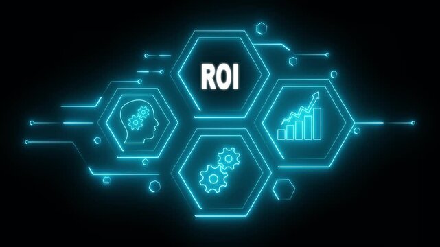 Roi Abstract neon Hud knowledge ability business gear icon Glowing neon line concept. Glowing "" button in German on a futuristic, abstract wave technology on black background.