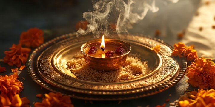Traditional indian diya lamp with marigold flowers and rice on a brass plate for diwali festival, raksha bandhan themed photo realistic photo