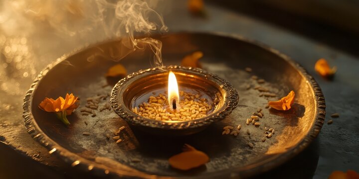 Traditional indian diya lamp with marigold flowers and rice on a brass plate for diwali festival, raksha bandhan themed photo realistic photo