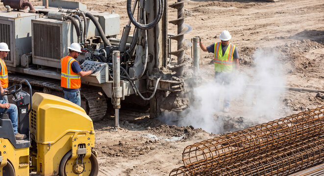 Workers operating heavy construction machinery and drilling equipment on a dusty outdoor job site during the day.
