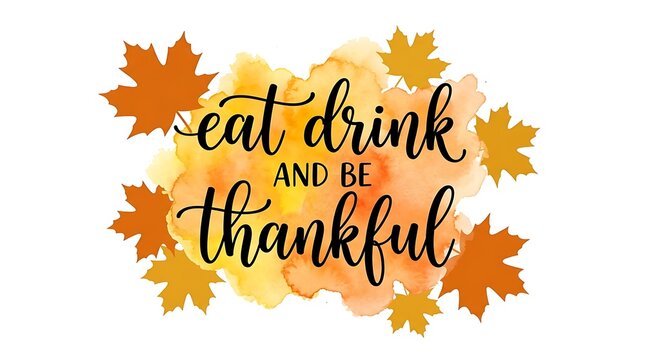 Eat drink and be thankful hand lettered quote with colorful watercolor autumn leaves background