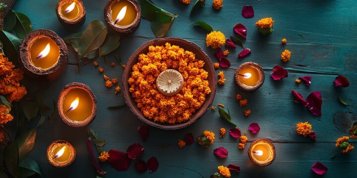 Diwali celebration with diyas and marigold flowers, raksha bandhan themed photo realistic photo