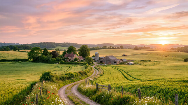 Beautiful rural landscape with a small stone cottage surrounded by green fields during a golden sunset