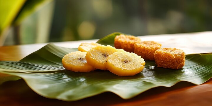Traditional indian sweets placed on a fresh green banana leaf with decorative red and yellow garlands, raksha bandhan themed photo realistic photo