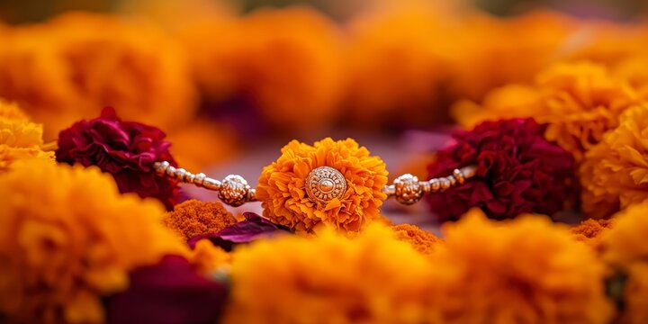 Rakhi bracelet with marigold flowers for raksha bandhan festival, raksha bandhan themed photo realistic photo