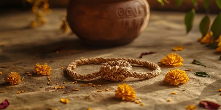 Traditional rope knot bracelet with marigold flowers on a rustic wooden background, raksha bandhan themed photo realistic photo