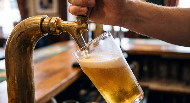 A close up shot of a bartender pouring fresh golden draft beer from a tap into a chilled glass in a pub.