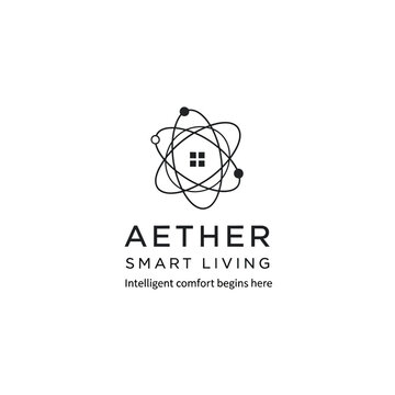 Aether Smart Living Logo - Atom Icon with House, Intelligent Comfort