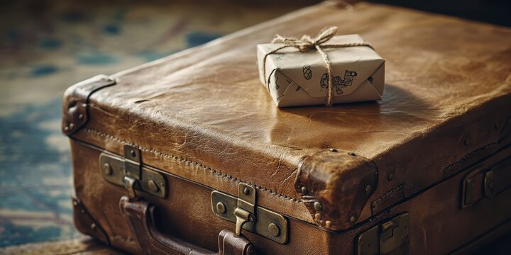 Vintage brown leather suitcase with a small wrapped gift on top, raksha bandhan themed photo realistic photo