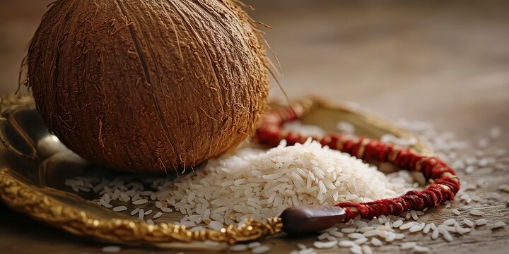 A whole coconut and a piece of coconut on a golden tray with rice and red decorative thread, raksha bandhan themed photo realistic photo