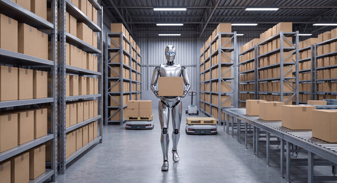 An advanced autonomous robot walking down a wide aisle carrying a cardboard box in a modern logistics warehouse.