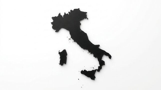 Travel and geography themed simple graphic design depicting a black silhouette of Italy map with Sicily and Sardinia islands on a white background.
