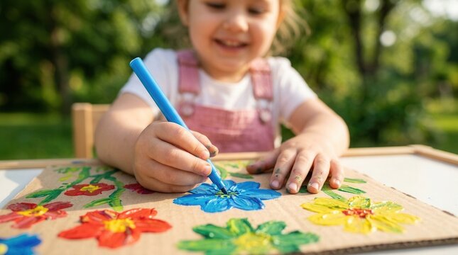 Eco-friendly craft concept of a child learning about nature through creativity and drawing flowers.