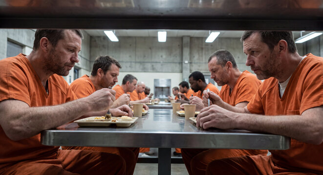 Inmates in orange uniforms sit at long tables eating a meal inside a prison cafeteria hall.