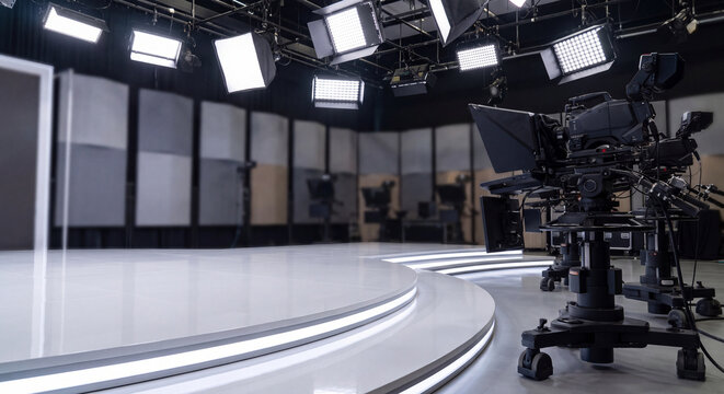 A large modern television studio production set features professional cameras and lighting grids above.