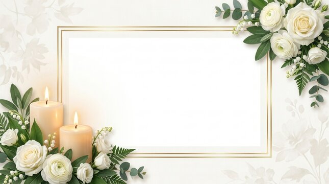 White flowers and lit candles decorating a peaceful memorial template for sympathy cards.