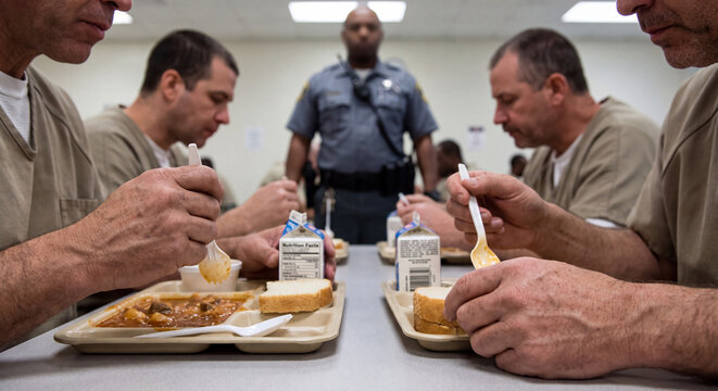 Inmates in orange uniforms eat lunch at a table inside a prison dining hall while guards supervise.