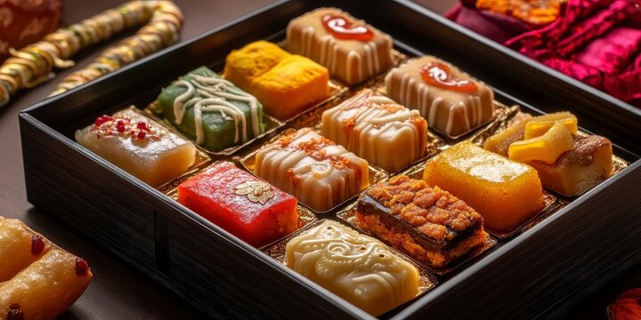Assorted traditional indian sweets and mithai in a decorative red gift box, raksha bandhan themed photo realistic photo