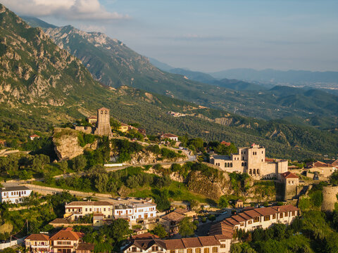Aerial view of the historic Kruja Castle and surrounding town nestled in the mountains of Kruje, Durres County, Albania.