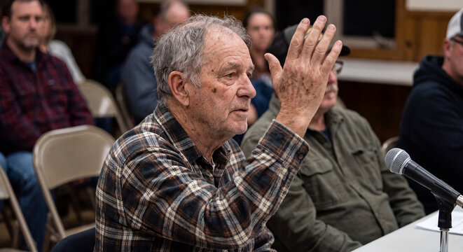 An elderly man raises his hand and speaks passionately during a local community meeting indoors.