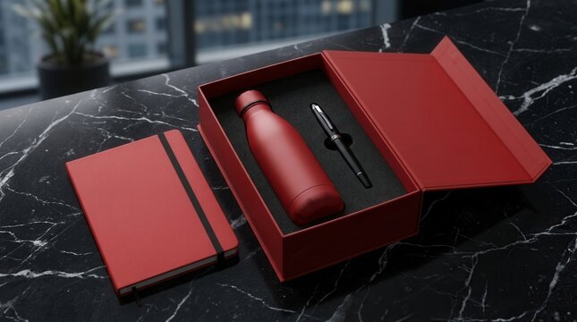 High quality corporate present for business professionals including a red notebook, pen, and water bottle.
