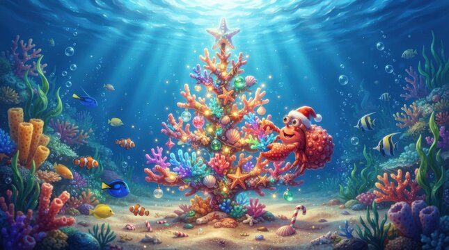 Friendly hermit crab wearing Santa hat decorating coral reef Christmas tree under deep blue tropical ocean water
