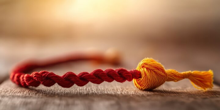 Red string bracelet with a yellow knot charm on a rustic wooden background, raksha bandhan themed photo realistic photo