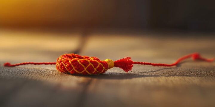 Red string bracelet with a yellow knot charm on a rustic wooden background, raksha bandhan themed photo realistic photo