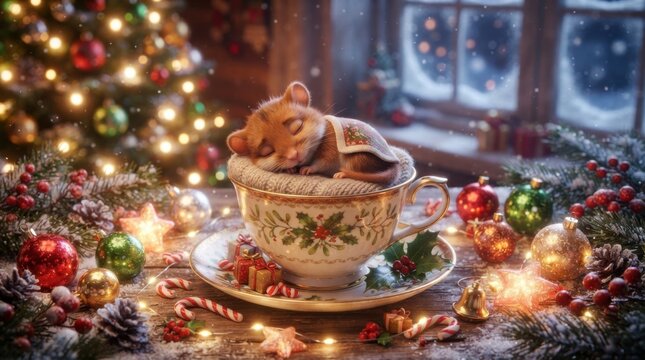 Tiny cute dormouse sleeping inside decorated teacup with Christmas ornaments and candy canes on rustic wooden table