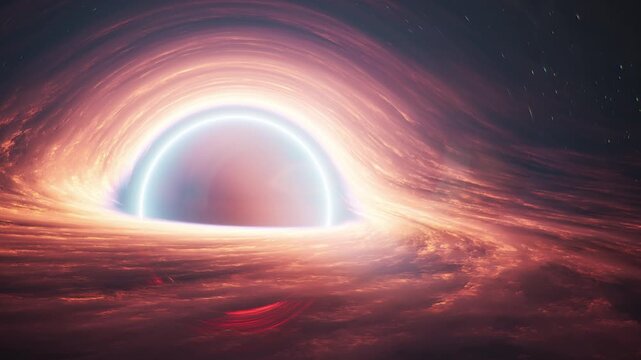 Deep space exploration, massive black hole sucking cosmic gas with warm orange light energy.