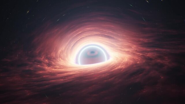 Universe discovery, glowing gold and orange black hole spinning with cosmic dust swirl.