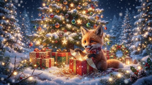 Excited little fox opening gift box under glowing Christmas tree in snowy forest with falling snowflakes