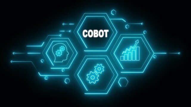 Supply Chain Management cobot Hexagon Icons Brain Growth Gear Chart Analytics Digital Network Technology Blue Neon Glow Dark Background Abstract Concept