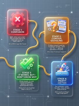 Software development lifecycle infographic, funny programmer coding process flowchart, tech debugging stages illustration