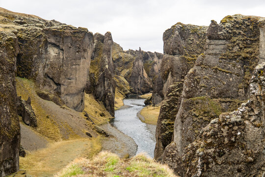 Mossy canyon and river landscape in Iceland