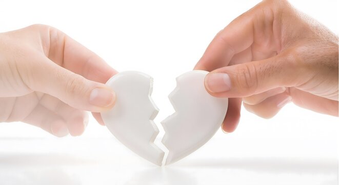 Two hands holding halves of a broken white ceramic heart trying to repair a relationship
