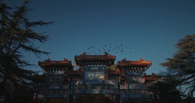Beijing, China. Doves birds flying above Gate to ancient Lama Temple.