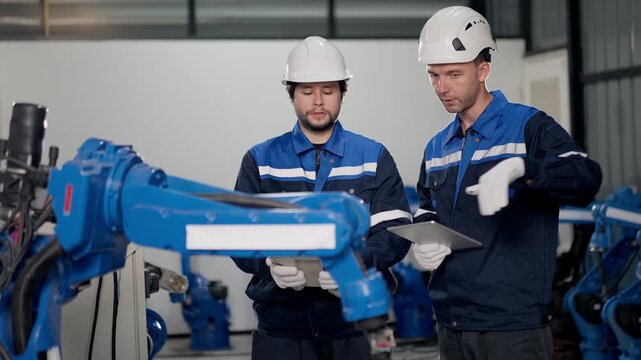 Robotics technician use teach pendant near robotic arm, supporting robot calibration, precision, safety, production efficiency, factory automation.