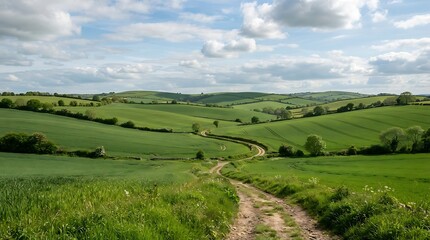 Fototapeta premium Rolling Green Countryside Landscape with Winding Dirt Path and Cumulus Clouds, Rural Scenic Vista for Travel and Serenity Concepts
