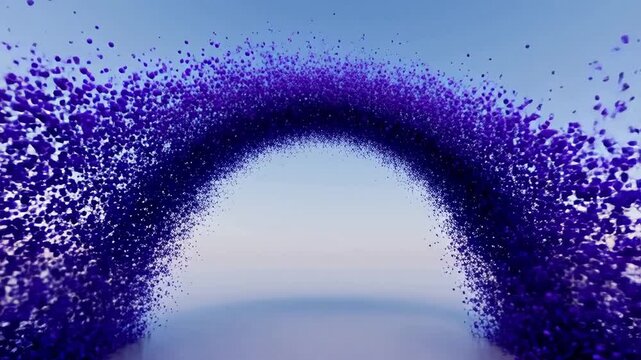 Purple particle arch forming in gradient sky over misty horizon