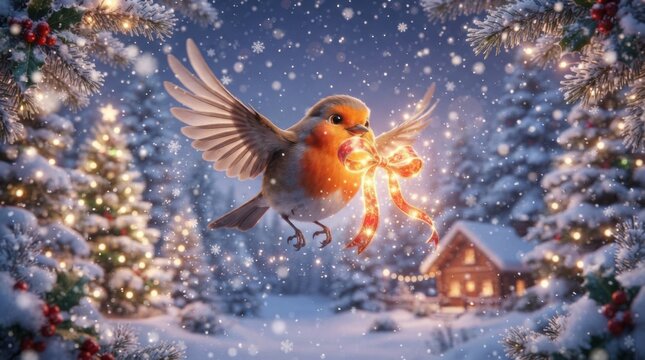 Little robin bird flying in snowy forest carrying a glowing red ribbon for Christmas celebration